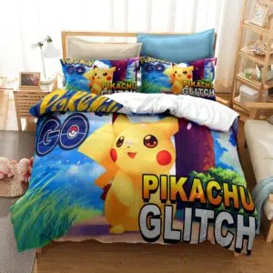 Parure de lit Pikachu Glitch. Bonne qualité, confortable et à la mode sur un lit dans une maison