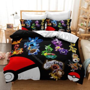 Parure de lit noir type d'attaque Pokémon et Pokéball. Bonne qualité, confortable et à la mode sur un lit dans une maison