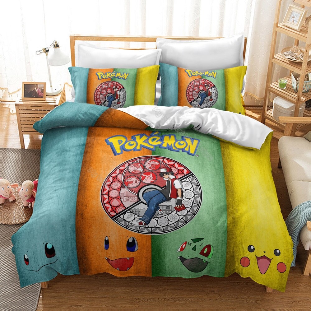 Parure de lit à rayure Pokémon. Bonne qualité, confortable et à la mode sur un lit dans une maison