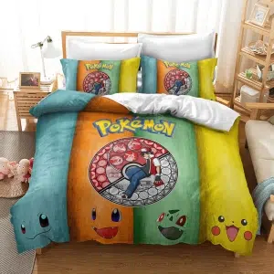 Parure de lit à rayure Pokémon. Bonne qualité, confortable et à la mode sur un lit dans une maison