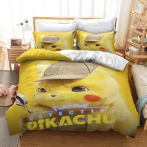 Parure de lit jaune avec imprimé détecteur Pikachu. Bonne qualité, confortable et à la mode sur un lit dans une maison