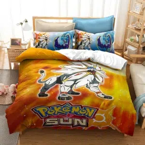 Parure de lit orange Pokemon Sun. Bonne qualité, confortable et à la mode sur un lit dans une maison