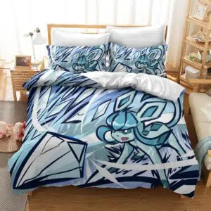 Parure de lit bleue Pokémon légendaire. Bonne qualité, confortable et à la mode sur un lit dans une maison