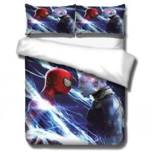 Parure de lit Spiderman vs Electro. Bonne qualité, confortable et à la mode sur un lit dans une maison