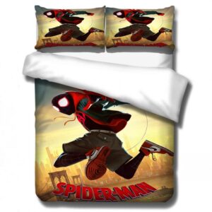Parure de lit Spiderman New génération en envol. Bonne qualité, confortable et à la mode sur un lit dans une maison