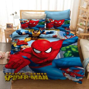 Parure de lit Spiderman et les héros de Marvel. Bonne qualité, confortable et à la mode sur un lit dans une maison