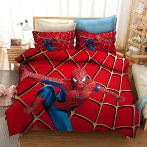 Parure de lit rouge Spiderman imprévisible. Bonne qualité, confortable et à la mode sur un lit dans une maison