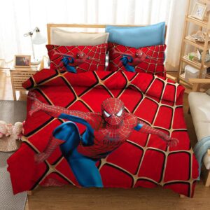 Parure de lit rouge Spiderman imprévisible. Bonne qualité, confortable et à la mode sur un lit dans une maison