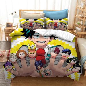 Parure de lit jaune et blanc Izuku Midoriya. Bonne qualité, confortable et à la mode sur un lit dans une maison