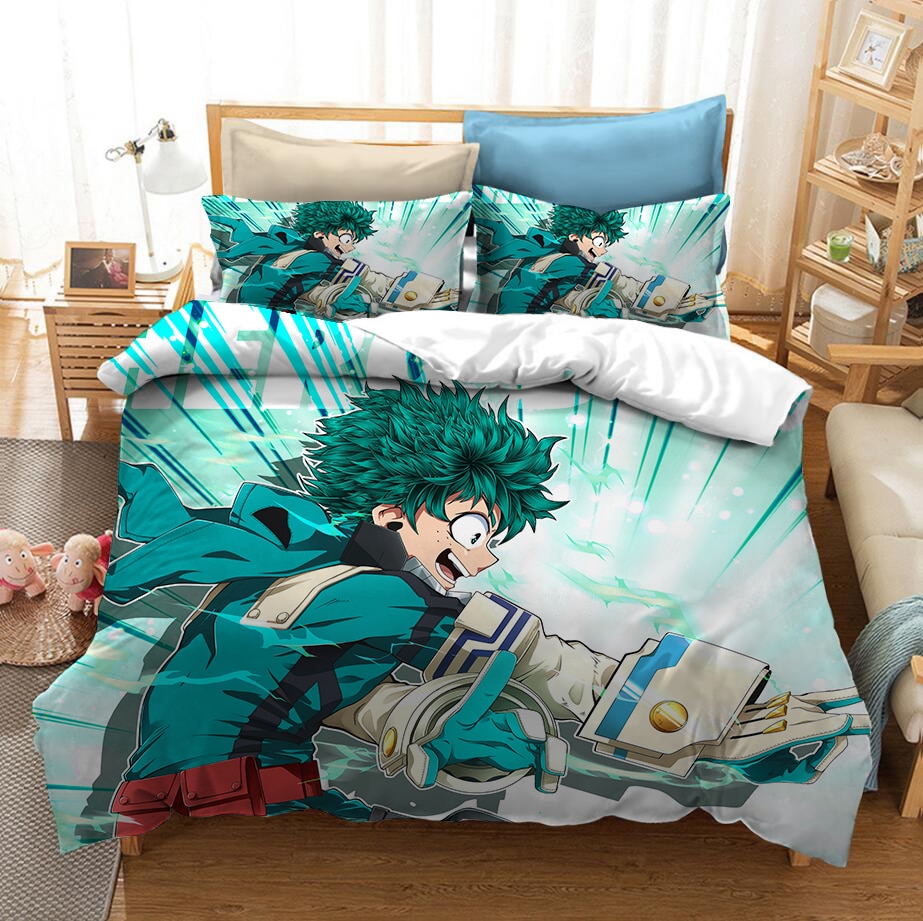 Parure de lit Izuku Midoriya en plein combat. Bonne qualité, confortable et à la mode sur un lit dans une maison