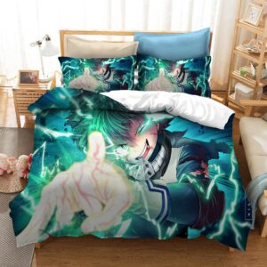 Parure de lit verte avec imprimé Izuku Midoriya. Bonne qualité, confortable et à la mode sur un lit dans une maison