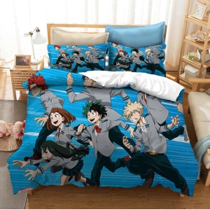 Parure de lit bleue avec imprimé personnages de My Hero Academia. Bonne qualité, confortable et à la mode sur un lit dans une maison