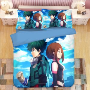 Parure de lit bleue Izuku Midoriya et Ochaco Uraraka. Bonne qualité, confortable et à la mode sur un lit dans une maison