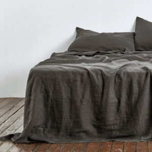 Ensemble de lit gris 100% lin naturel, drap plat et 2 taies d'oreillers
