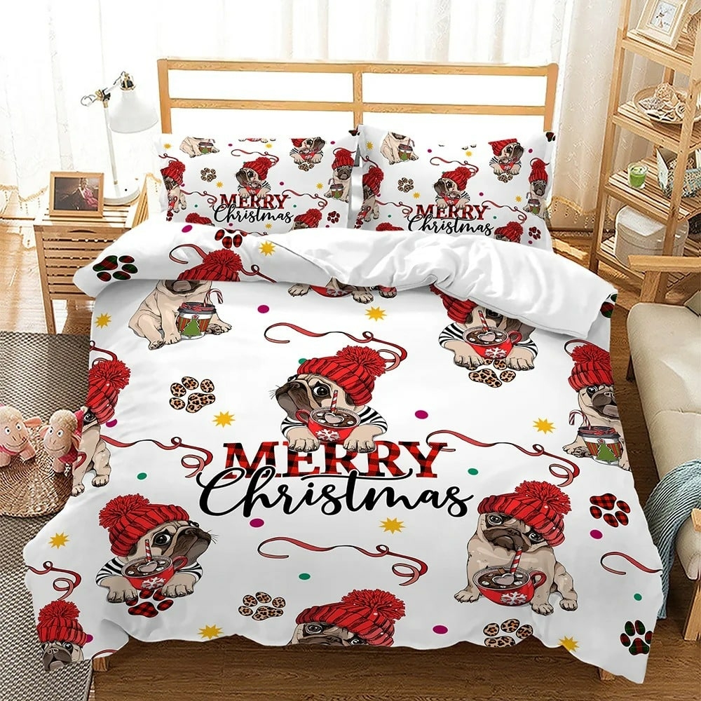Parure de lit de Noël avec un imprimé chien "Merry Christmas" avec un fond une chambre