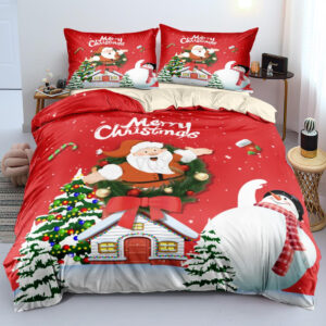 Parure de lit de Noël imprimé 3D père Noël "Merry Christmas". Bonne qualité, confortable et à la mode sur un lit dans une maison