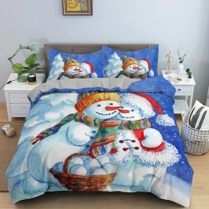 Parure de lit de Noël imprimée père noël et bonhomme de neige
