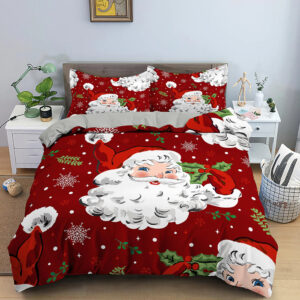 Parure de lit de Noël imprimée père noël et bonhomme de neige. Bonne qualité, confortable et à la mode sur un lit dans une maison