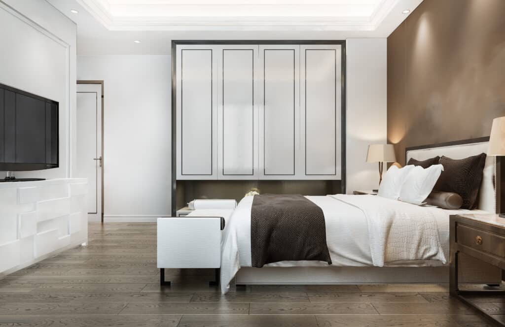 Parure de lit moderne blanche à carreaux 3d rendering beautiful luxury bedroom suite in hotel with tv