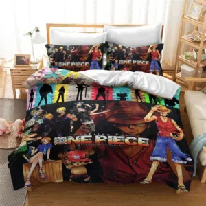 Parure de lit One piece Luffy et ses amis. Bonne qualité, confortable et à la mode sur un lit dans une maison