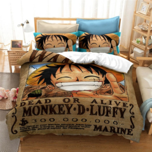 Parure de lit à motif One piece Monkey.D Luffy marron. Bonne qualité, confortable et à la mode sur un lit dans une maison