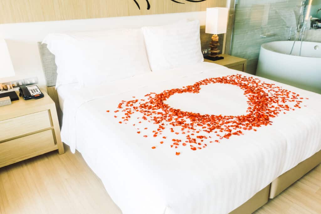Parure de lit romantique avec roses rouges red heart hotel petal room