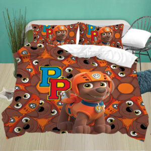 Parure de lit Pat Patrouille orange installée dans une chambre d'enfant