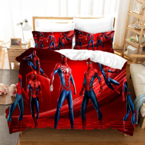 Parure de lit Spiderman dans diverses postures sur fond rouge et installée sur le lit d'une chambre d'enfant