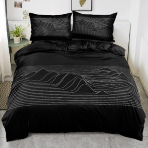 Parure de lit scandinave noire avec relief montagnes en 3D installée dans une chambre