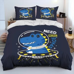 Parure de lit dinosaure avec la phrase " Need more space " avec un fond une chambre