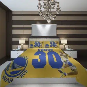 Parure de lit basketball Curry jaune en coton avec un fond une chambre