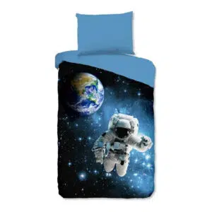 Parure de lit bleu Astronaute avec un fond blanc