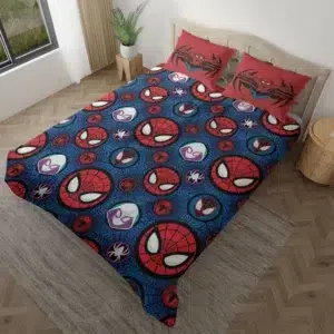 Parure de lit bleu imprimé Spiderman et ses amis avec un fond une chambre