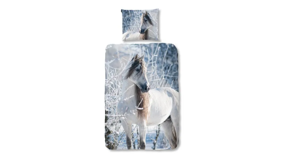 Parure de lit cheval blanc pour une personne avec un fond blanc