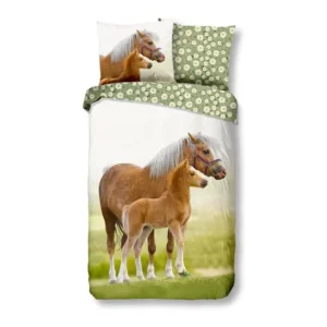 Parure de lit vert cheval pour une personne avec un fond blanc