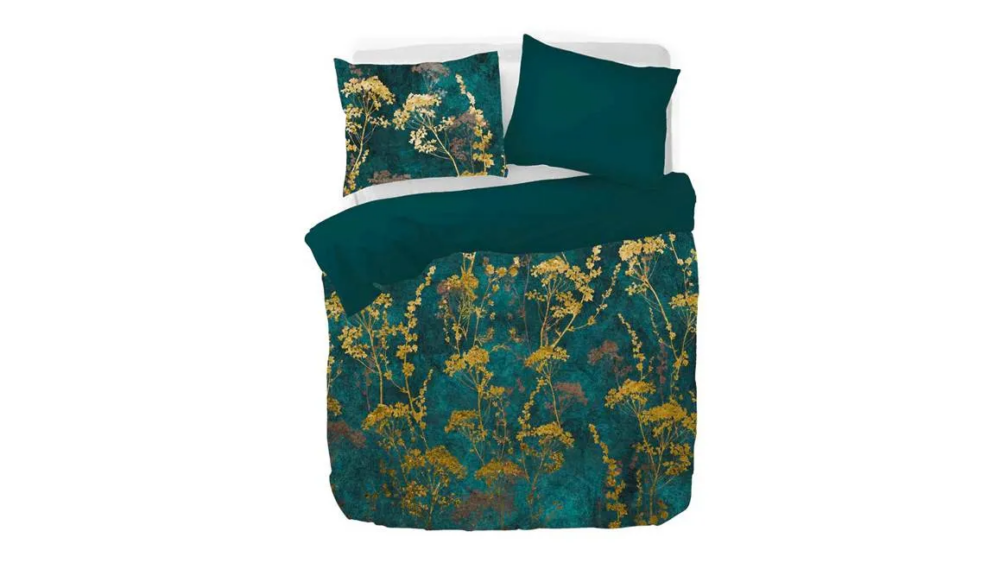 Parure de lit vert foncé motif floral avec un fond blanc