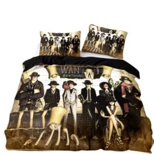Parure de lit One Piece et sa bande style western sur un lit double avec deux coussins assortis. Sur fond blanc.