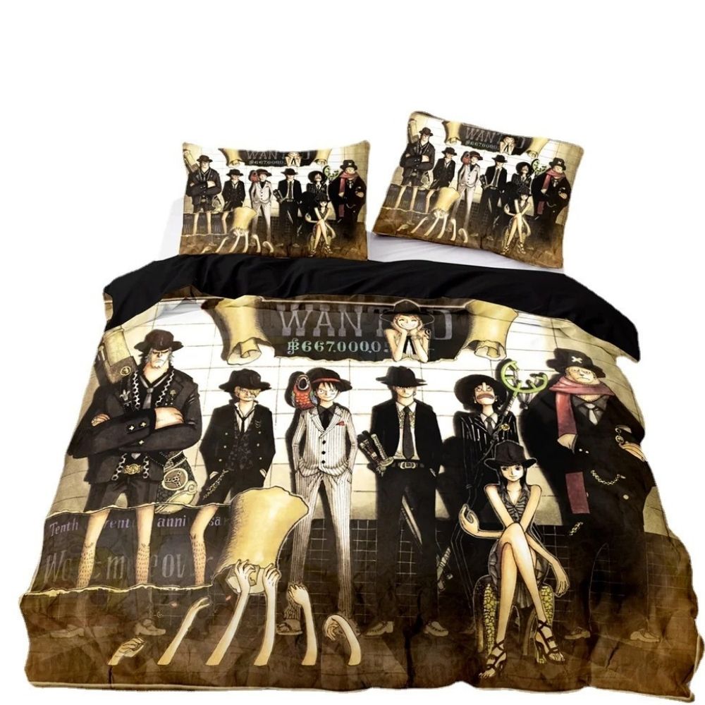 Parure de lit One Piece et sa bande style western sur un lit double avec deux coussins assortis. Sur fond blanc.