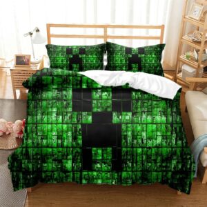 Parure de lit Minecraft verte à noir à l'effigie de Creeper, dans une chambre à coucher