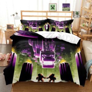 Parure de lit Minecraft avec Ender dragon violet, dans une chambre