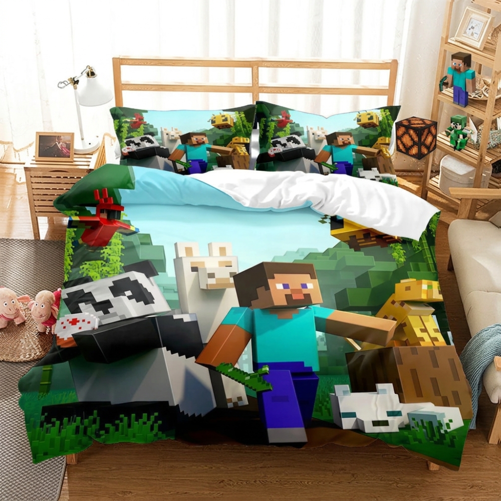 Parure de lit Minecraft avec Steve dans Nature Sauvage, dans une chambre à coucher