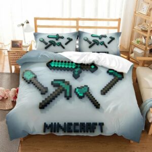 Parure de lit Minecraft blanche avec les dessins des armes de mêlée, dans une chambre