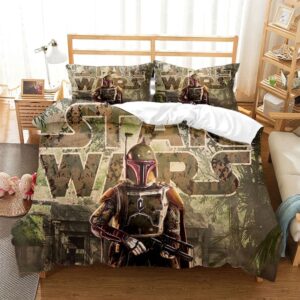 Parure de lit Star Wars à motif vert Boba Fett camouflage, dans une chambre à coucher