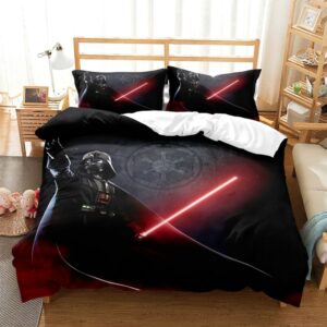 Parure de lit Star Wars Dark Vador avec un sabre laser rouge, dans une chambre à coucher