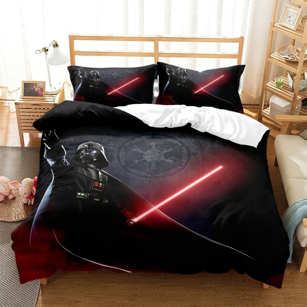 Parure de lit Star Wars Dark Vador avec un sabre laser rouge, dans une chambre à coucher