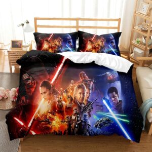 Parure de lit Star Wars inspirée des affiches de film, dans une chambre à coucher