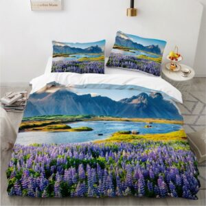 Parure de lit champ de lupins violets & montagnes