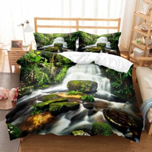 Parure de lit avec un paysage de jungle avec un torrent de rivière, dans une chambre