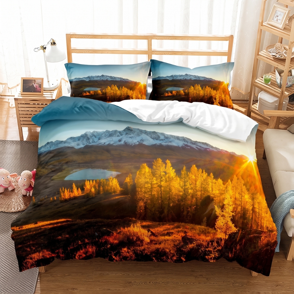 Parure de lit avec un paysage de montagne et une forêt d'automne, dans une chambre