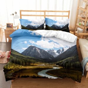 Parure de lit avec un panorama de montagne, une route qui serpente dans la vallée, dans une chambre